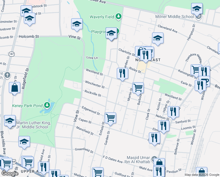 map of restaurants, bars, coffee shops, grocery stores, and more near 280 Enfield Street in Hartford