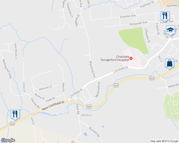 map of restaurants, bars, coffee shops, grocery stores, and more near 63 Wyoming Avenue in Torrington