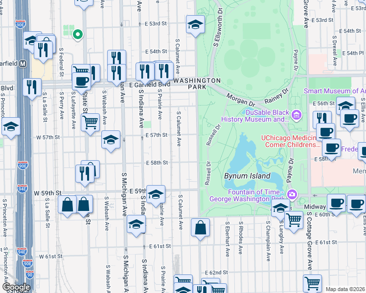 map of restaurants, bars, coffee shops, grocery stores, and more near 5727 South Calumet Avenue in Chicago