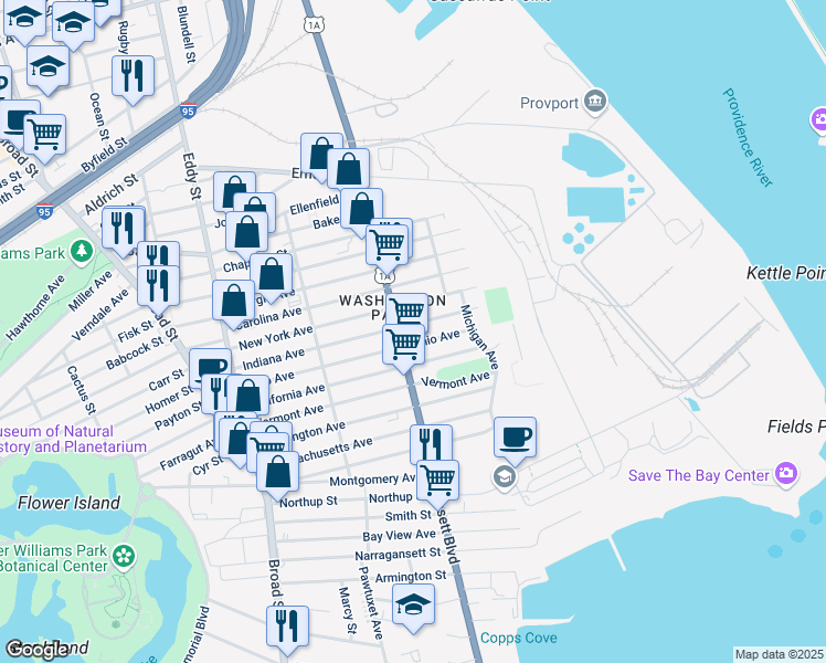 map of restaurants, bars, coffee shops, grocery stores, and more near 140 Ohio Avenue in Providence