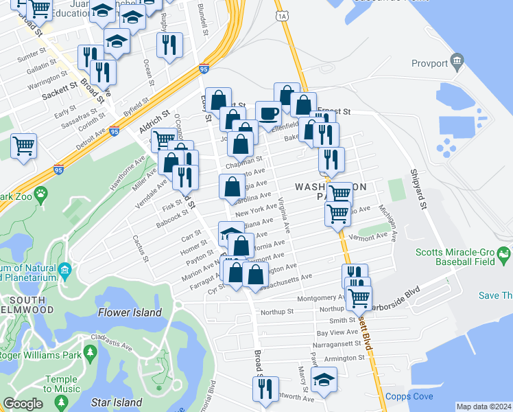 map of restaurants, bars, coffee shops, grocery stores, and more near 355 New York Avenue in Providence