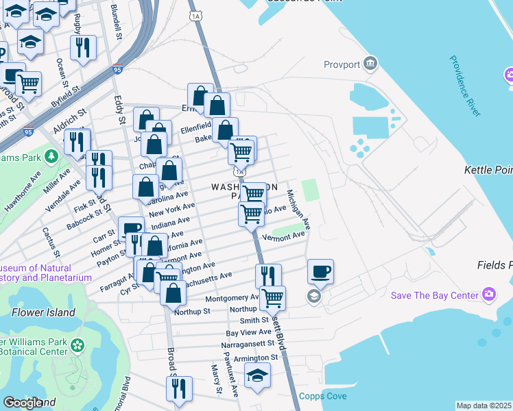 map of restaurants, bars, coffee shops, grocery stores, and more near 140 Ohio Avenue in Providence