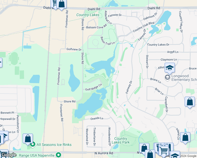 map of restaurants, bars, coffee shops, grocery stores, and more near 2480 Golf Ridge Circle in Naperville