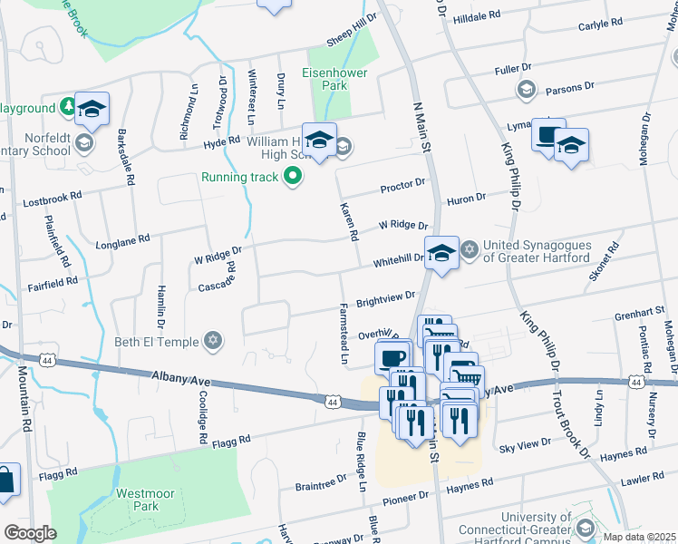 map of restaurants, bars, coffee shops, grocery stores, and more near Whitehill Drive in West Hartford