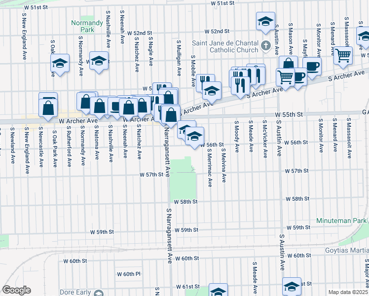 map of restaurants, bars, coffee shops, grocery stores, and more near 6325 West 56th Street in Chicago