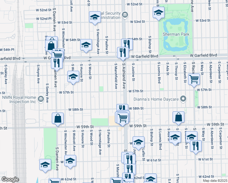 map of restaurants, bars, coffee shops, grocery stores, and more near 5708 South Marshfield Avenue in Chicago