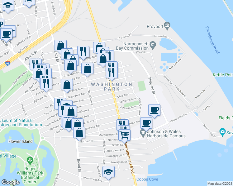 map of restaurants, bars, coffee shops, grocery stores, and more near 140 Ohio Avenue in Providence