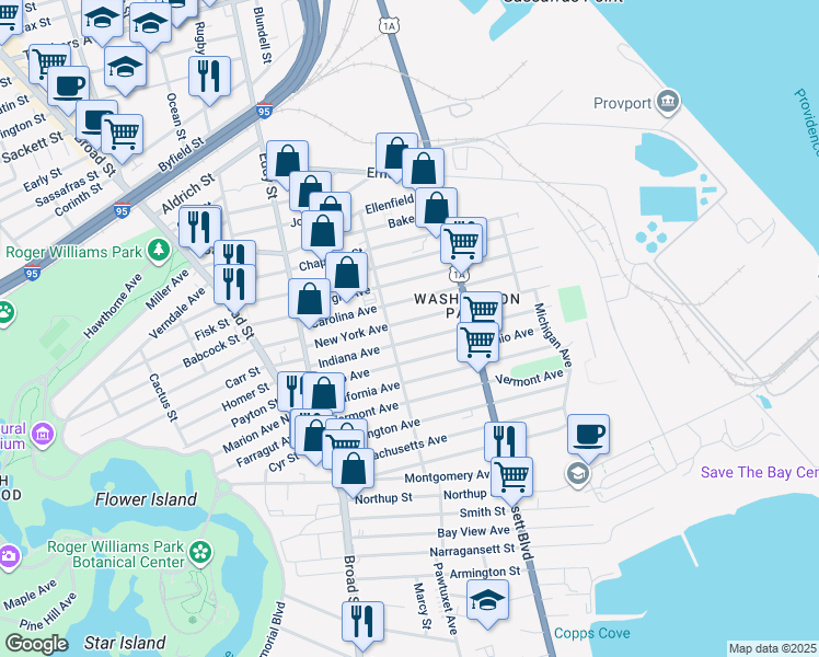 map of restaurants, bars, coffee shops, grocery stores, and more near 210 Indiana Avenue in Providence