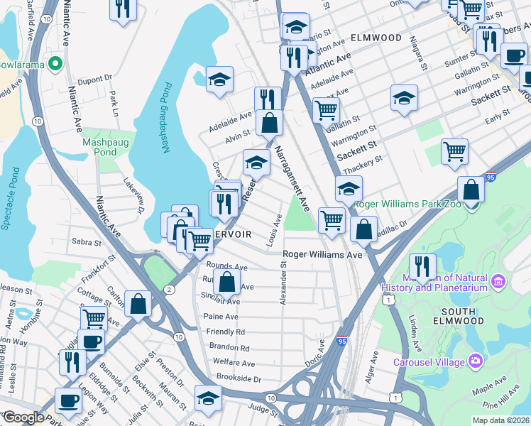 map of restaurants, bars, coffee shops, grocery stores, and more near 48 Delmar Street in Providence