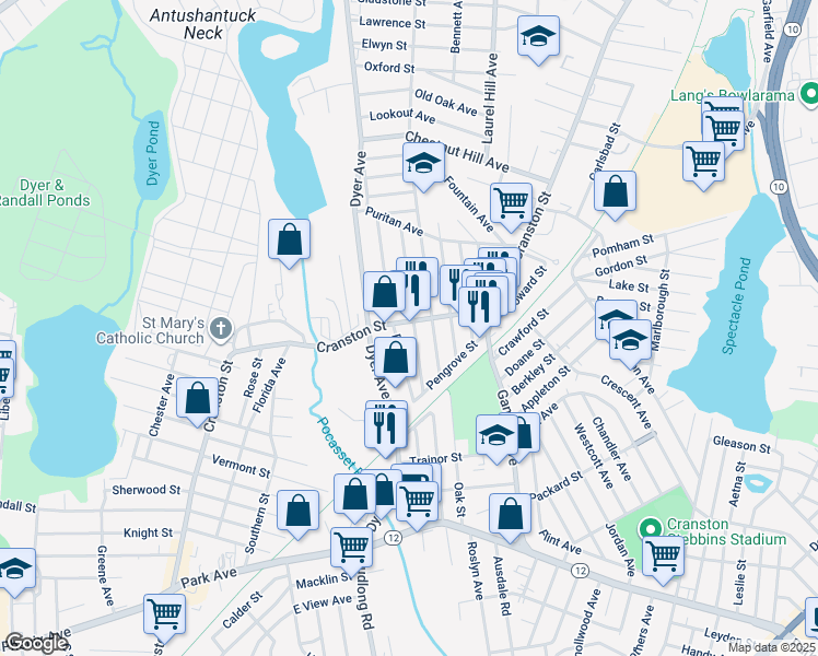 map of restaurants, bars, coffee shops, grocery stores, and more near 52 Victoria Avenue in Cranston