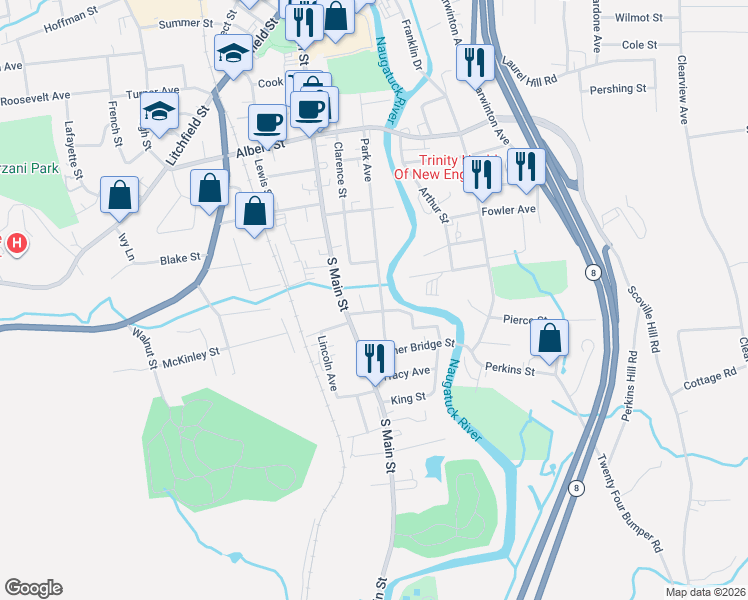 map of restaurants, bars, coffee shops, grocery stores, and more near 503 Park Avenue in Torrington