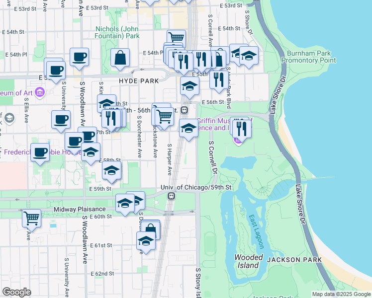map of restaurants, bars, coffee shops, grocery stores, and more near 5800 South Stony Island Avenue in Chicago