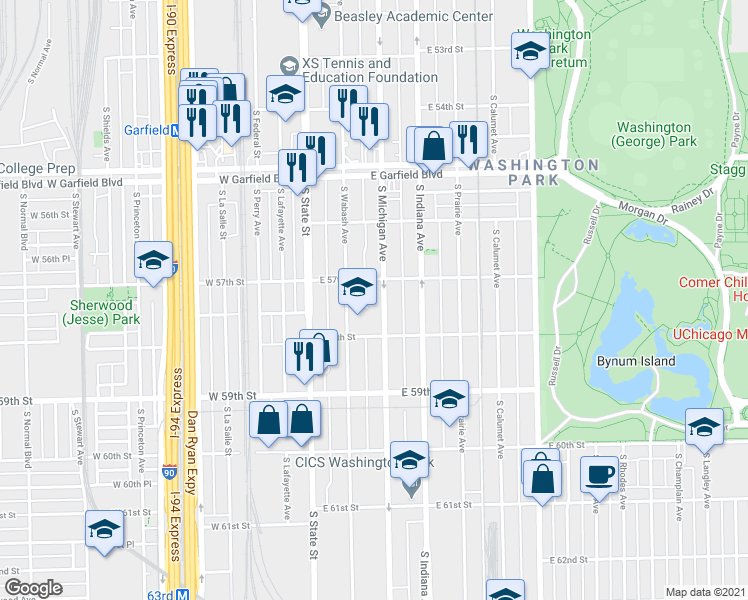 map of restaurants, bars, coffee shops, grocery stores, and more near 5730 South Michigan Avenue in Chicago