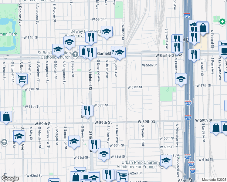 map of restaurants, bars, coffee shops, grocery stores, and more near 5724 South Lowe Avenue in Chicago