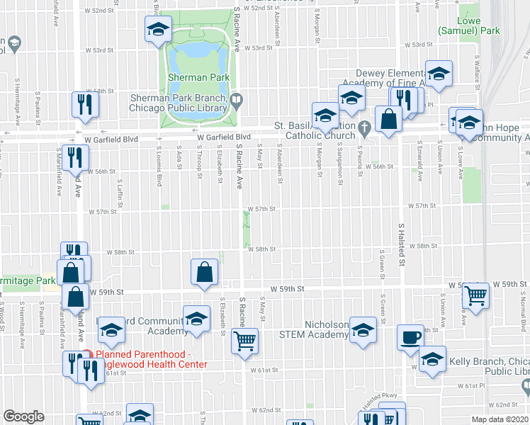 map of restaurants, bars, coffee shops, grocery stores, and more near 5716 South May Street in Chicago