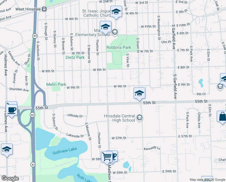 map of restaurants, bars, coffee shops, grocery stores, and more near 919 South Madison Street in Hinsdale