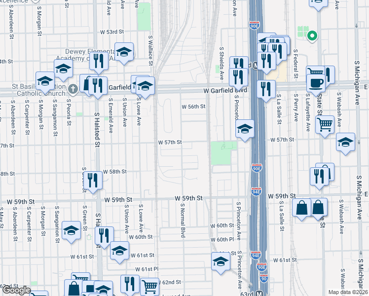 map of restaurants, bars, coffee shops, grocery stores, and more near 5723 South Normal Boulevard in Chicago
