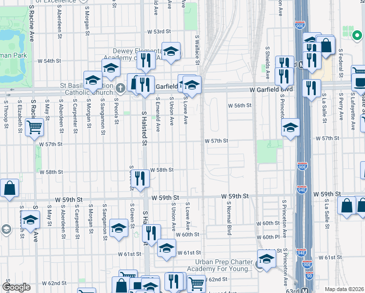 map of restaurants, bars, coffee shops, grocery stores, and more near 5724 South Lowe Avenue in Chicago