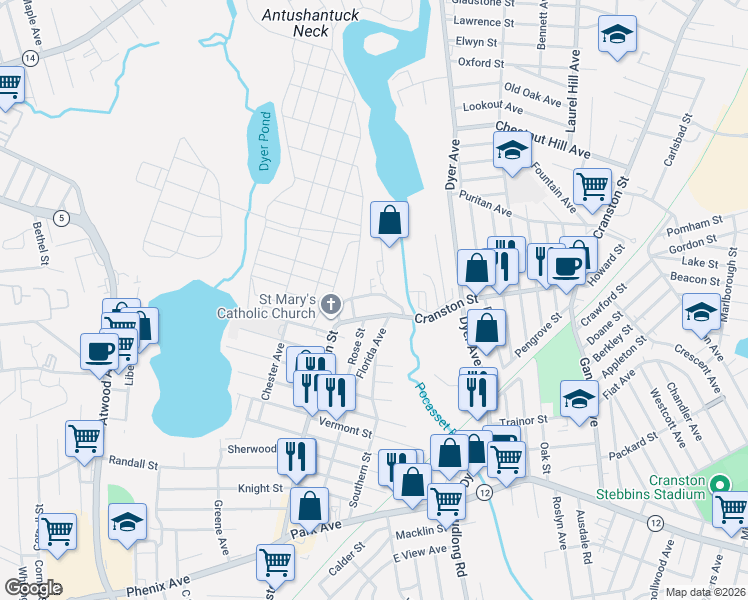map of restaurants, bars, coffee shops, grocery stores, and more near 1470 Cranston Street in Cranston