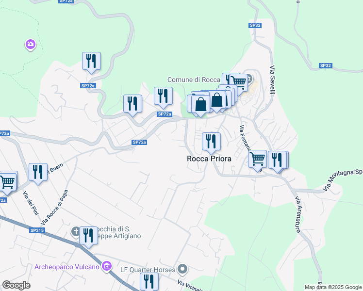 map of restaurants, bars, coffee shops, grocery stores, and more near 18 Via della Pineta in Rocca Priora