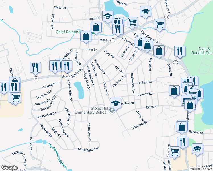 map of restaurants, bars, coffee shops, grocery stores, and more near 130 Marlow Street in Cranston