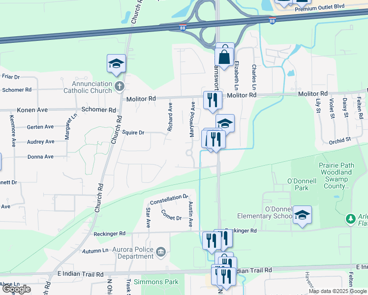 map of restaurants, bars, coffee shops, grocery stores, and more near 1650 North Marywood Avenue in Aurora