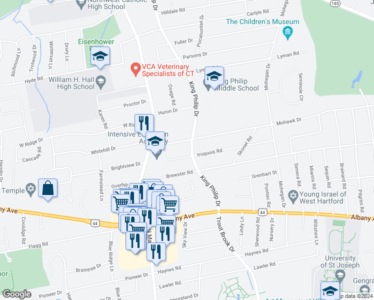 map of restaurants, bars, coffee shops, grocery stores, and more near 63 King Philip Drive in West Hartford