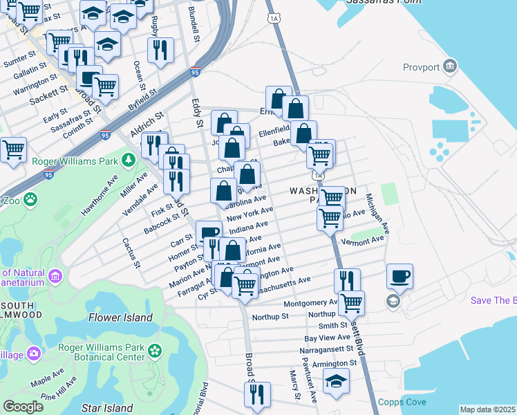 map of restaurants, bars, coffee shops, grocery stores, and more near 245 Indiana Avenue in Providence