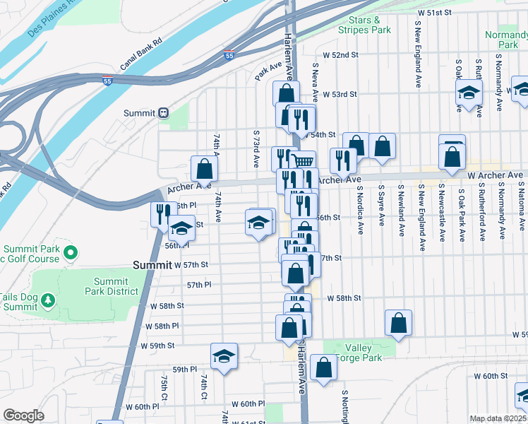 map of restaurants, bars, coffee shops, grocery stores, and more near 7305 56th Street in Summit