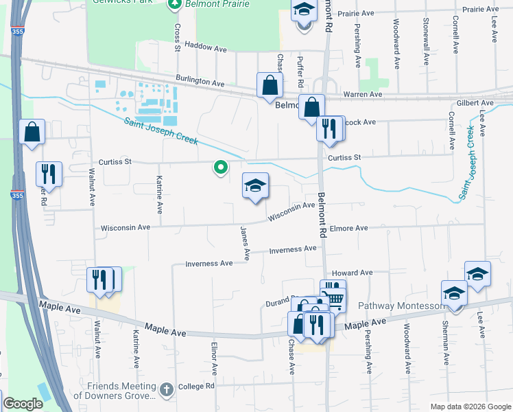 map of restaurants, bars, coffee shops, grocery stores, and more near 2400 Wisconsin Avenue in Downers Grove