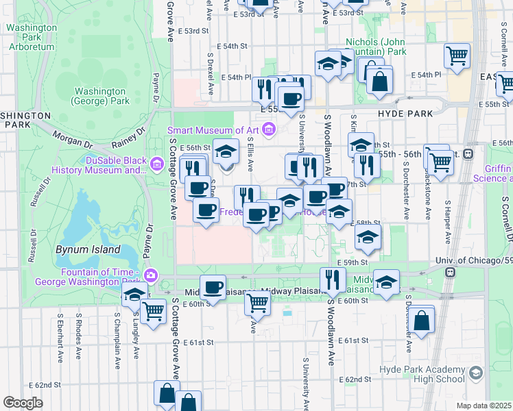 map of restaurants, bars, coffee shops, grocery stores, and more near 5735 South Ellis Avenue in Chicago
