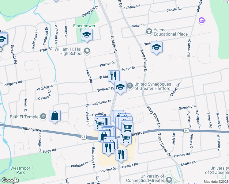 map of restaurants, bars, coffee shops, grocery stores, and more near 847 North Main Street in West Hartford