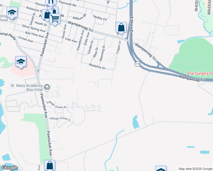 map of restaurants, bars, coffee shops, grocery stores, and more near 135 Tripps Lane in East Providence