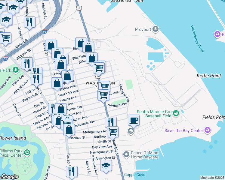 map of restaurants, bars, coffee shops, grocery stores, and more near 140 Ohio Avenue in Providence