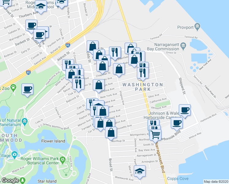 map of restaurants, bars, coffee shops, grocery stores, and more near 245 Indiana Avenue in Providence