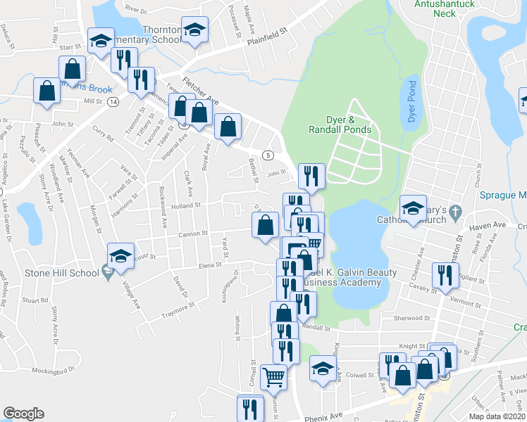 map of restaurants, bars, coffee shops, grocery stores, and more near 101 D Street in Cranston