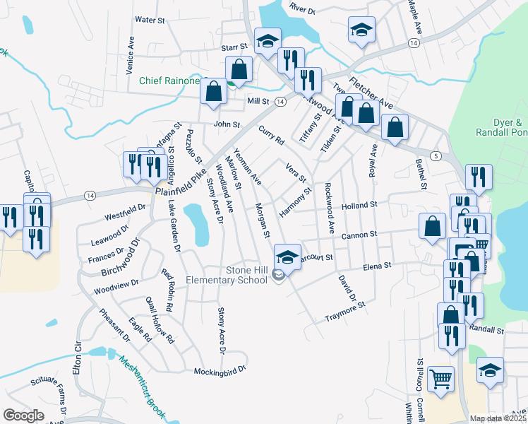 map of restaurants, bars, coffee shops, grocery stores, and more near 130 Marlow Street in Cranston