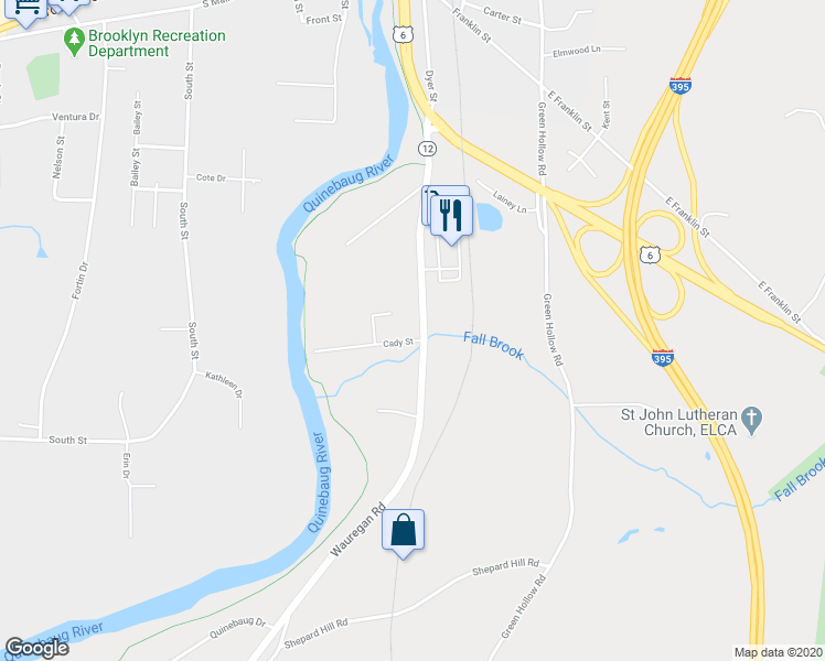 map of restaurants, bars, coffee shops, grocery stores, and more near 99 Wauregan Road in Killingly