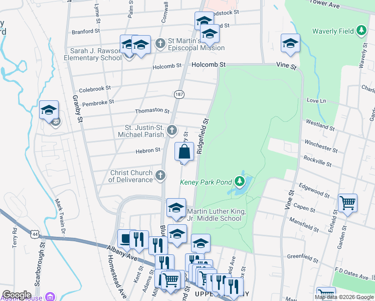 map of restaurants, bars, coffee shops, grocery stores, and more near in Hartford