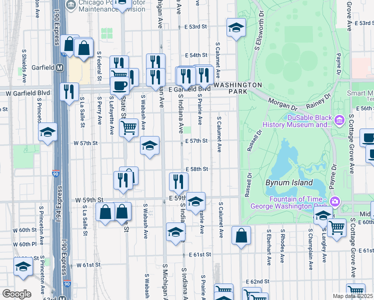 map of restaurants, bars, coffee shops, grocery stores, and more near 5734 South Indiana Avenue in Chicago