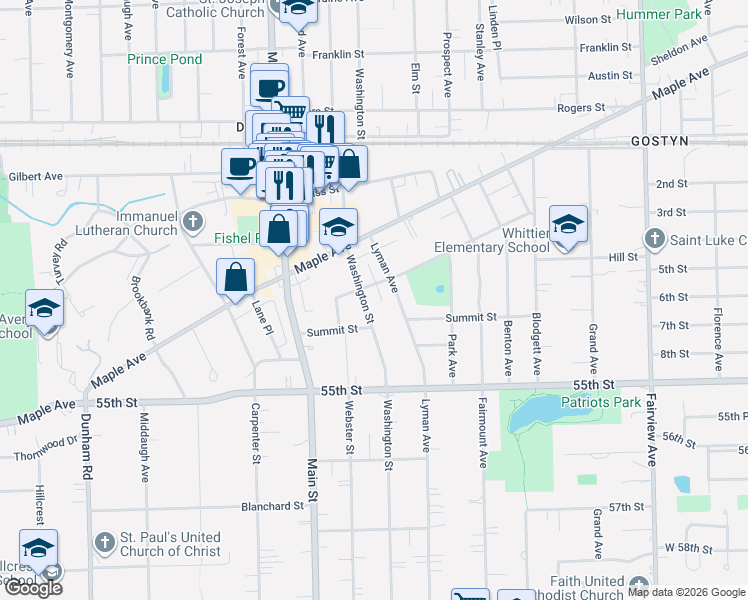 map of restaurants, bars, coffee shops, grocery stores, and more near 5321 Washington Street in Downers Grove