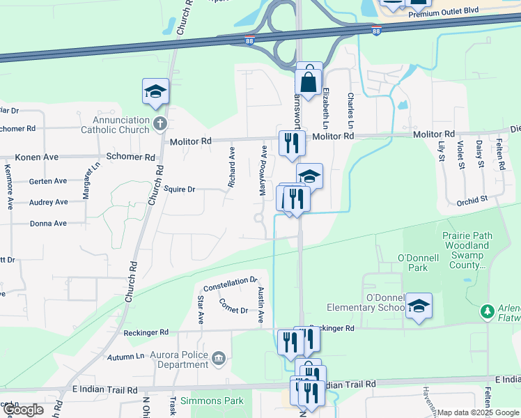 map of restaurants, bars, coffee shops, grocery stores, and more near 1645 North Marywood Avenue in Aurora