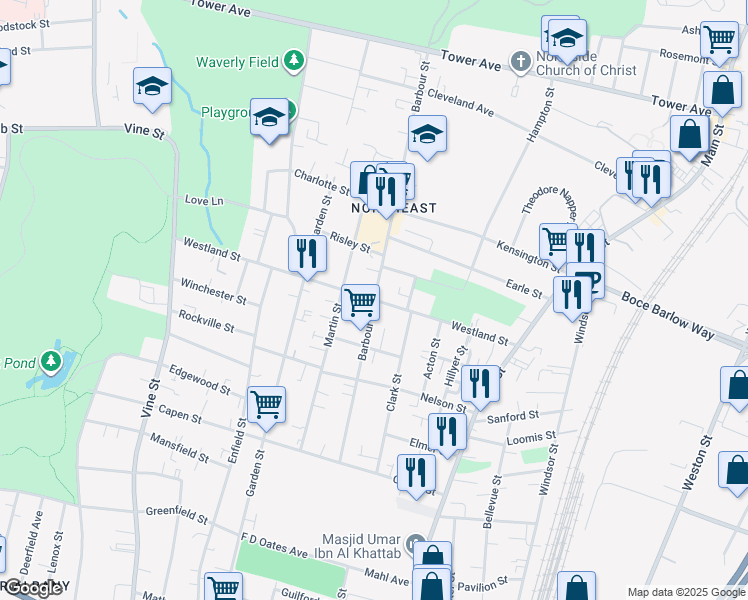 map of restaurants, bars, coffee shops, grocery stores, and more near Barbour Street & Westland Street in Hartford