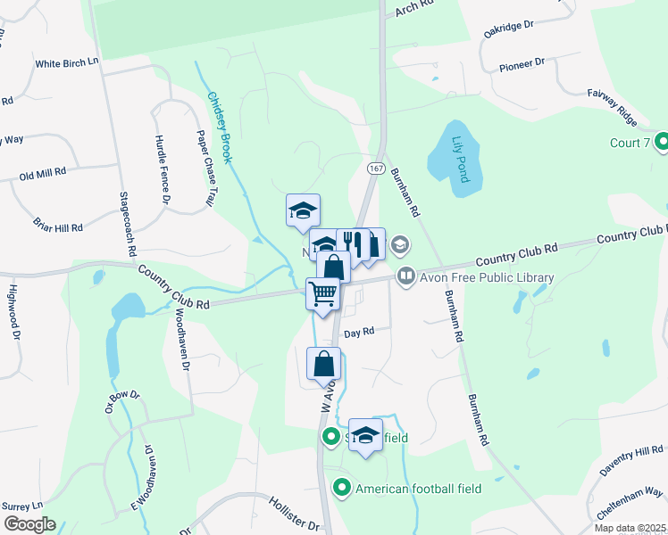 map of restaurants, bars, coffee shops, grocery stores, and more near 395 West Avon Road in Avon