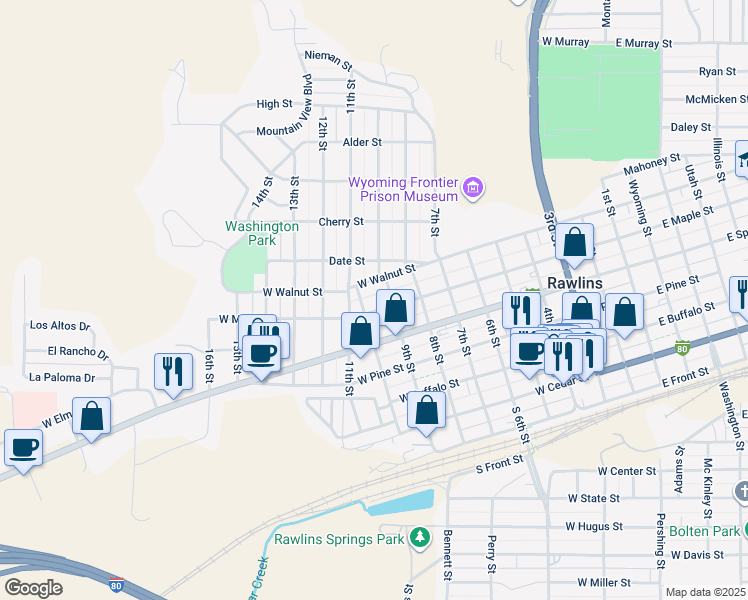 map of restaurants, bars, coffee shops, grocery stores, and more near 911 1/2 West Maple Street in Rawlins