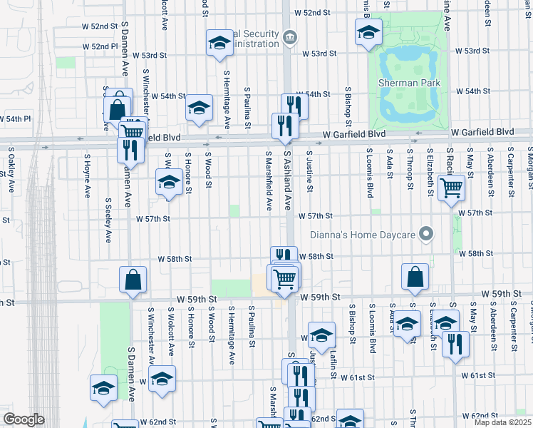 map of restaurants, bars, coffee shops, grocery stores, and more near 1640 West 57th Street in Chicago