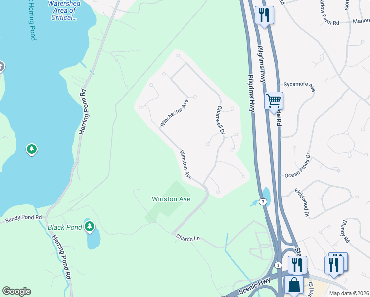map of restaurants, bars, coffee shops, grocery stores, and more near 27 Winston Avenue in Bourne