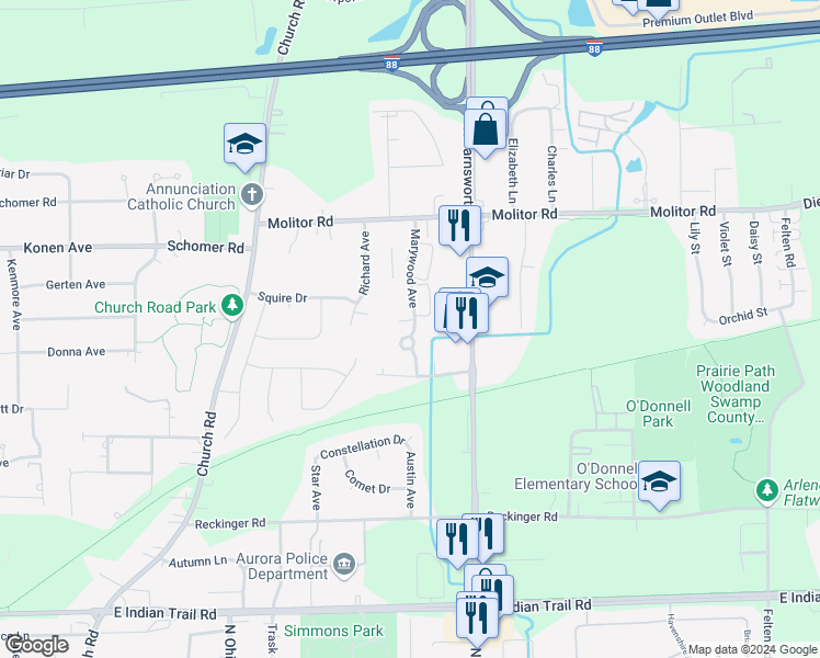 map of restaurants, bars, coffee shops, grocery stores, and more near 1645 North Marywood Avenue in Aurora