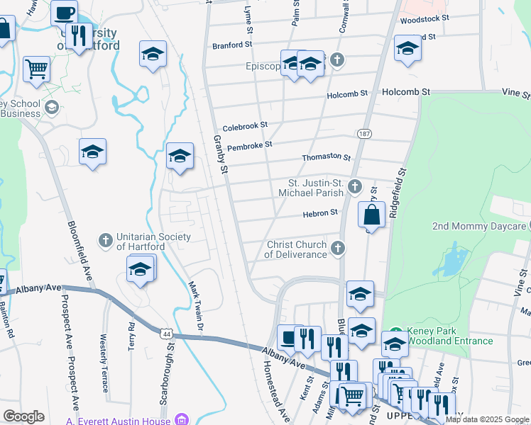 map of restaurants, bars, coffee shops, grocery stores, and more near 111 Hebron Street in Hartford