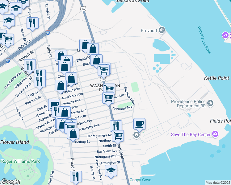 map of restaurants, bars, coffee shops, grocery stores, and more near 126 Indiana Avenue in Providence